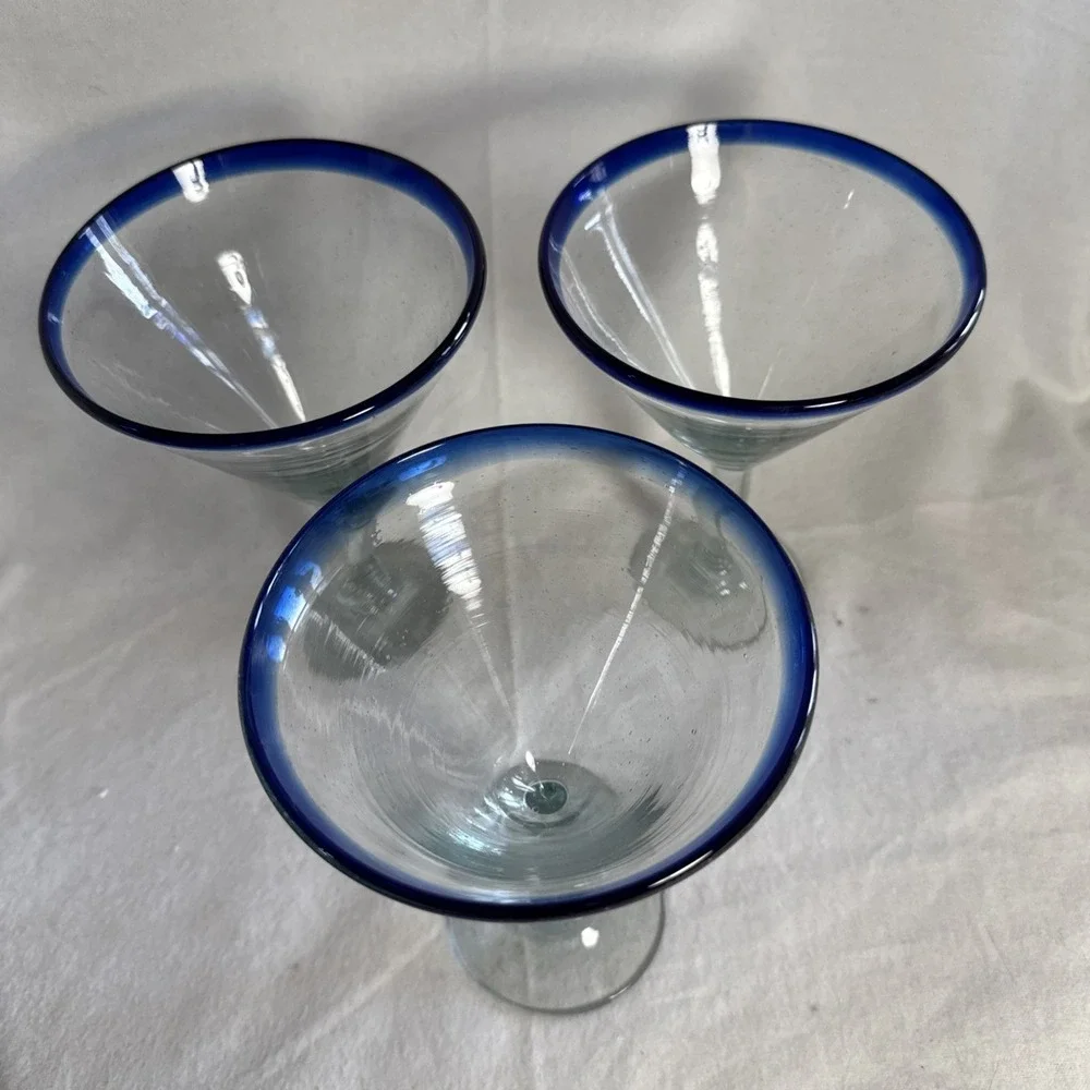 3 Tall Mexican Style Martini Margarita Glass Cobalt Blue Rim Handmade Glass